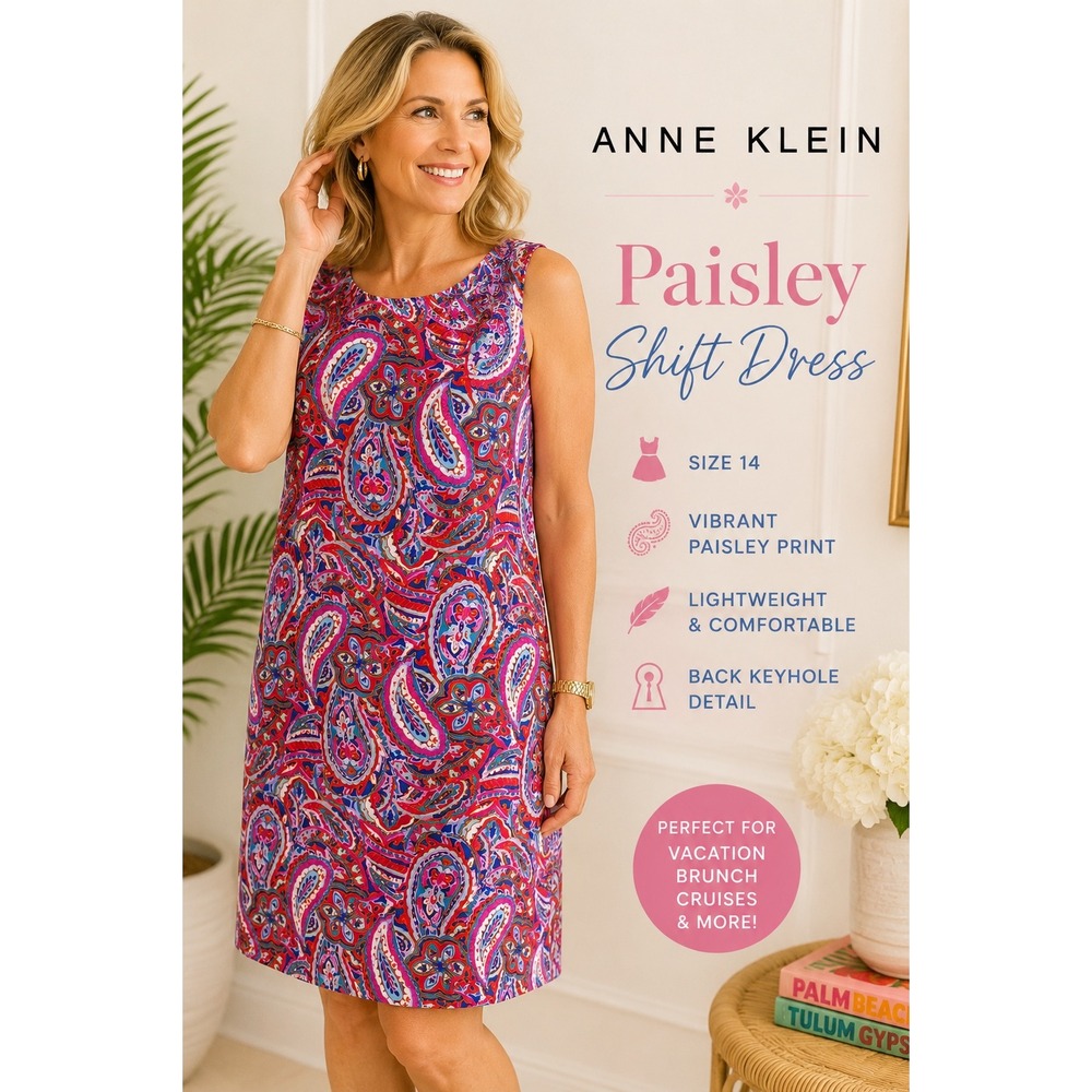 Anne Klein Paisley Shift Dressβ Size 14 Pink Blue Sleeveless Resort Dress